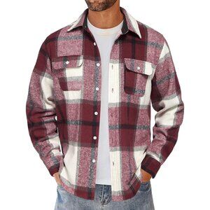 Men Red Flannel Shirts Long Sleeve Cotton Plaid Shirt Casual Button Down Shirt